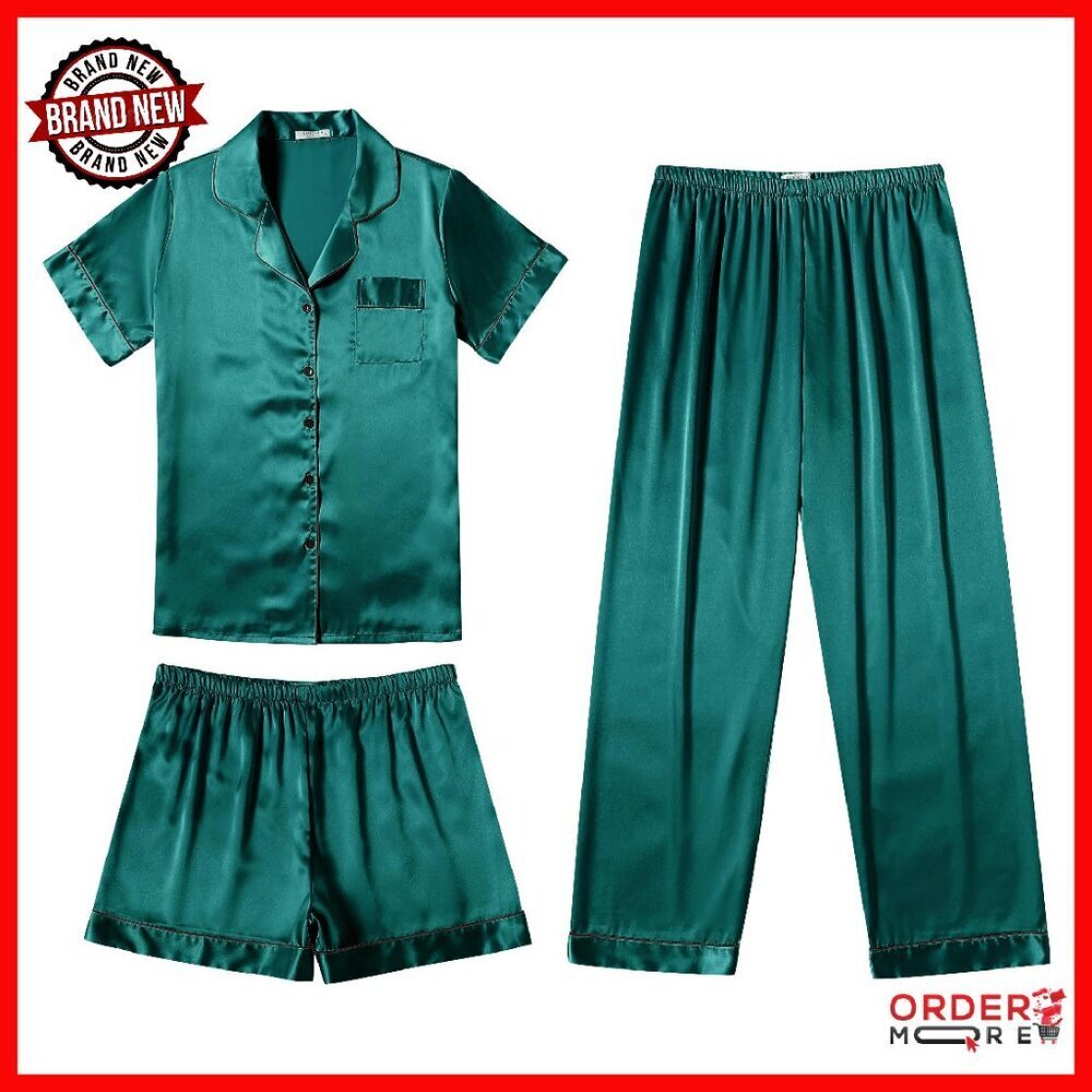 Silk Satin Pajama Set 3-Piece Short Sleeve Button Down Sleepwear